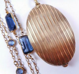 Antique Xl Slide Mirror Locket Pendant On Bezel Set Blue Glass Watch Chain 1920s