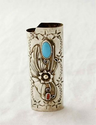 Vintage Sterling Turquoise Coral Lighter Case Native American Style James Martin