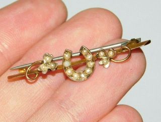 Antique,  Victorian 9ct 9k 375 Gold & Seed Pearl Lucky Horseshoe Brooch Pin