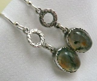 Antique Vintage Scottish Sterling Silver Moss Agate Earrings