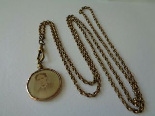 Victorian Antique Rolled Gold Long Guard Muff Chain,  Photo Locket Pendant 46 "