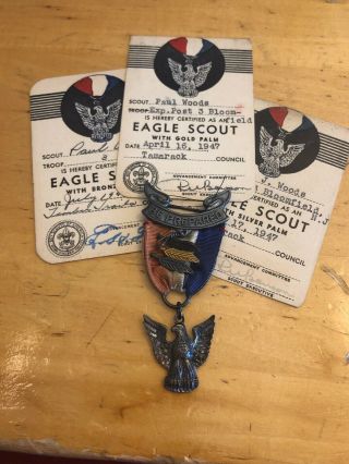 Vtg 1946 - 47 Bsa Eagle Scout Award W/gold,  Silver,  Bronze Palm & 3 Certificates
