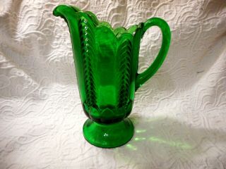 Vintage Green Glass Footed Pitcher Paneled Herringbone Vintage Vgc