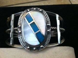 Gorgeous Vintage Sterling W/ Pearl And Turquoise Inlay Cuff