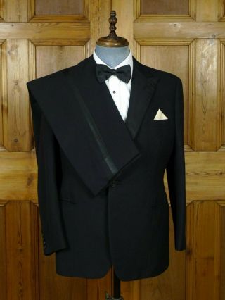Vintage 1967 Huntsman Savile Row Bespoke Black Herringbone Wool Dinner Suit 41s