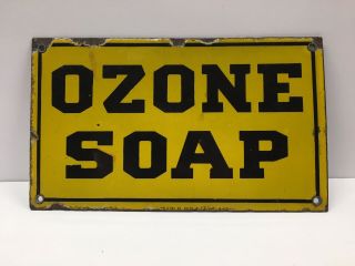 Vintage Ozone Soap Yellow Porcelain Sign Baltimore Enamel Company 5 - 7/8” X 10”