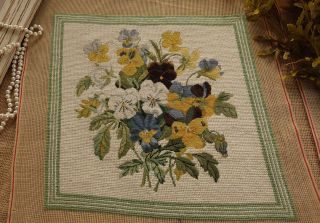 Vintage Completed Needlepoint Canvas Antique Design Pansies Floral Bouquet