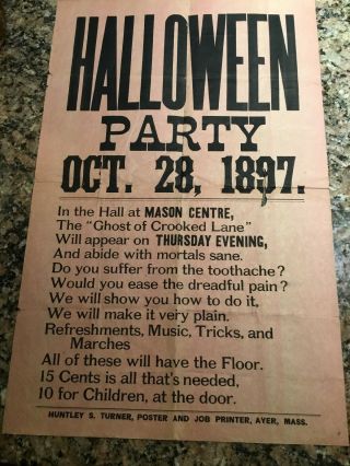 Vintage 1897 Halloween Party Poster Mason Center Nh.  Ultra Rarity