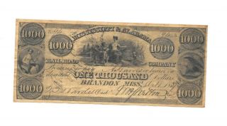 Very Rare 1837 Mississippi & Alabama Railroad Company $1000 Obsolete Note