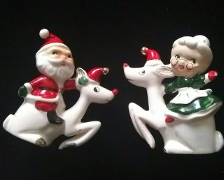 Rare Vintage Santa And Mrs Claus Riding Reindeer Salt And Pepper Shakers
