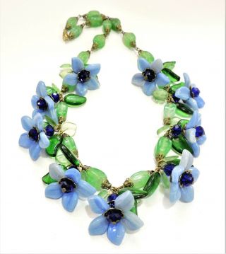 Vintage Blue Flowers Lampwork Art Glass Bead Necklace Jn19191