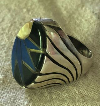 Vtg Sterling Silver Men ' s Native American Mosaic Sunbeam Ring - - Signed BD / DB 5
