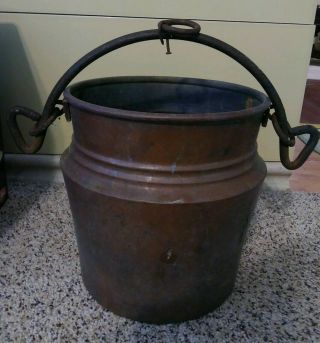 Antique Vintage Copper Kettle Pot Primitive Cauldron Forged Iron Handle Planter