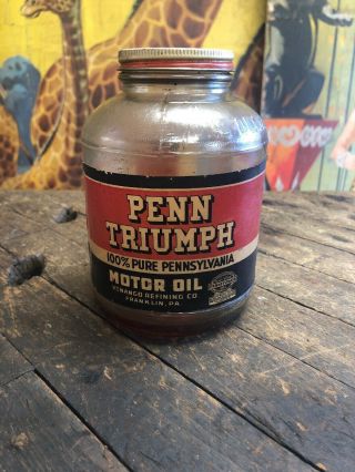 Vintage Penn Triumph Motor Oil One Quart Jar Paper Label Pennsylvania Oil Can