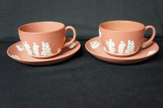 2 Vintage Wedgwood Terra Cotta Jasperware Flat Cups And Saucers