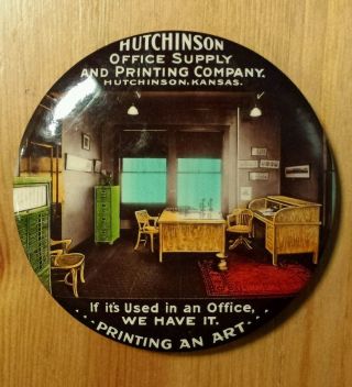 Vtg Celluloid Hutchinson Office Supply Printing Kansas Paperweight Pocket Mirror