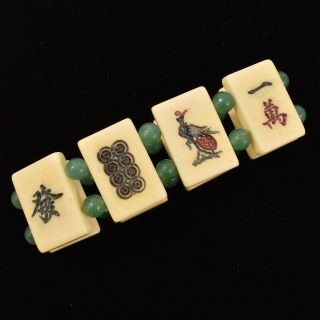 Fine Vintage Mahjongg Tile Mahjong Stretch Bracelet Green Jade Beads