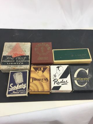 7 Vintage Pocket Lighter Boxes - Empty - Tigges,  Thorens,  Radar,  Safety Imco,
