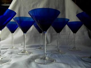 (8) Vintage Art Deco Martini Cocktail Glasses,  Cobalt Blue Cut Etch Zig - Zag