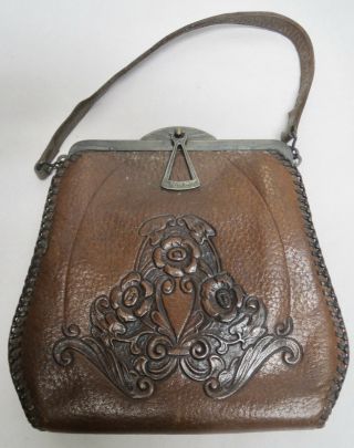 1915 Arts & Crafts Purse Tooled Leather Floral Design Brown Leather Green Suede