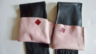 Vintage Black Leather Gloves Womens Opera Length 19.  5 " Pink Insides Sz 7.  5 Jt