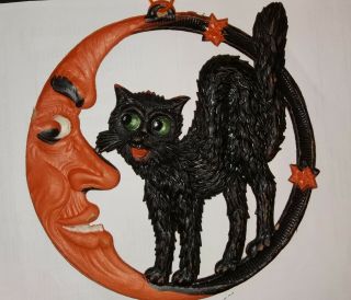 10 " Vintage German Halloween Embossed Die Cut Black Cat & Moon