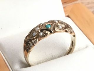 A Pretty Vintage 9ct Gold,  Turquoise And Pearl Ring,  Size N,  1/2
