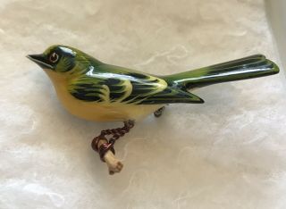 Vintage Takahashi Hand Painted Lacquer Carved Wood Bird On Branch Pin Brooch