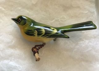 Vintage Takahashi Hand Painted Lacquer Carved Wood Bird On Branch Pin Brooch 2