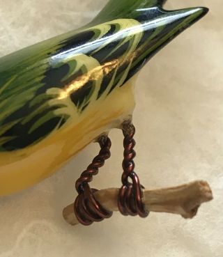 Vintage Takahashi Hand Painted Lacquer Carved Wood Bird On Branch Pin Brooch 6