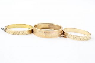 3 X Vintage 9ct Rolled Gold & Metal Core Bangles Engraved,  Etched Design (65g)