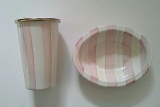 Vintage Mackenzie Childs Tumbler & Soap Dish Bathing Hut Pink Stripe Enamelware