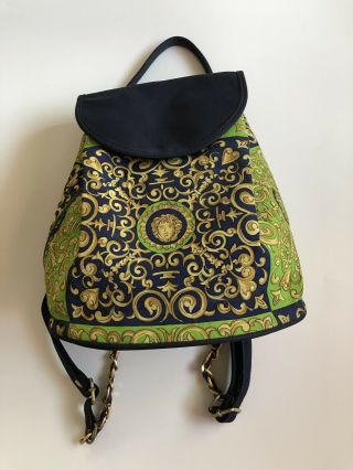 Rare Vtg Gianni Versace Green Baroque Print Backpack