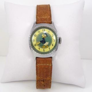 Vintage Us Time Donald Duck Walt Disney Leather Band Watch Qyf9 Roger