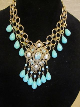 Sarah Coventry Turquoise Pearl Maltese Cross Statement Necklace Repurposed Ooak