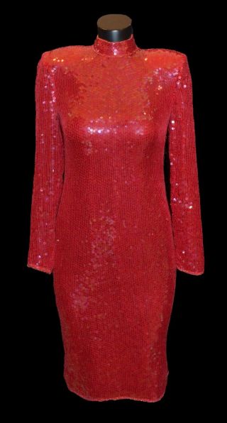 Scarlet Rage Vintage 80s Red Sequin Silk Prom Party Dress Size S