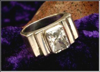 Antique Art Deco Stepped Sterling Silver Ring W/ Clear Emerald Cut Cz Sz 6.  5