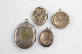4 X Antique Lockets Inc.  Victorian,  Aesthetic Movement,  Bird Engraved,  Heart