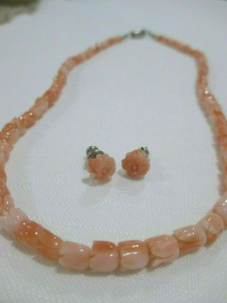Vintage Natural Angel Skin Carved Coral Flower Necklace & Pierced Earrings 14g