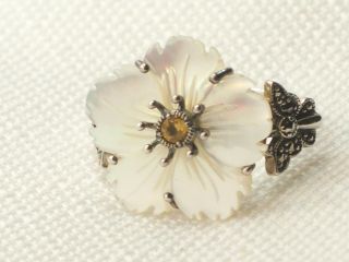 Estate Vintage Sterling Silver Cna Flower Citrine Ring Mother Of Pearl.  925