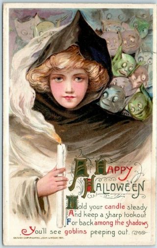 Vintage Winsch Halloween Postcard Schmucker " Hold Your Candle Steady " 1911