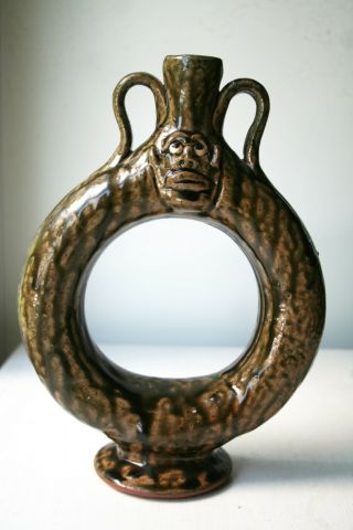 Cleater & Billie Meaders Rare Double - Face Ring Jug,  Alkaline Tobacco Spit Glaze
