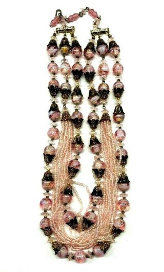 Stunning Vintage Pink Art Glass Triple Strand Beaded Necklace