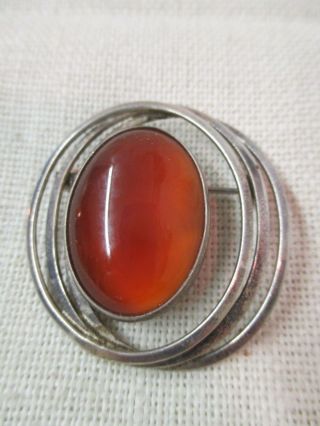 Vintage Sterling Brooch Pendant With Large Red/orange Cabochon Carnelian Stone