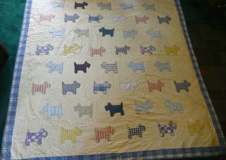 Antique Vintage Quilt Scottie Dogs Appliques Cotten Queen Full 90 by 96 2