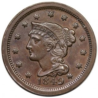 1849 Braided Hair Large Cent,  Rare N - 16,  R.  5,  Au - Unc Detail