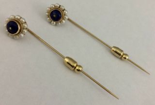 Pr Vintage 14k Hand Made Yellow Gold Pearl Needle Stick Pin Blue Stickpins 4.  5g
