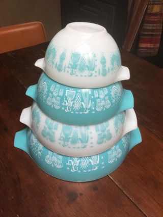 Set Of 4 Vintage Pyrex Amish/butterprint Cinderella Bowls Aqua/ White 441 - 444