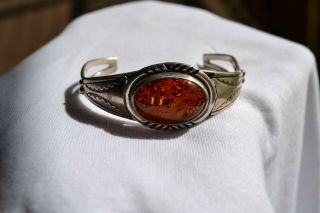 Amber & Sterling Silver Cuff Bracelet - Native American Signed Ab
