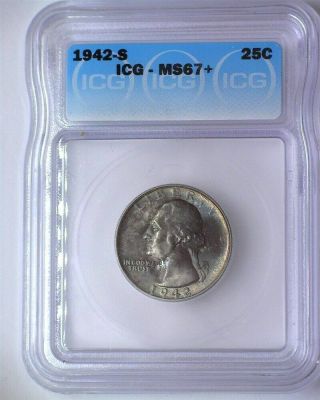 1942 - S WASHINGTON SILVER 25 CENTS ICG MS67,  RARE THIS LISTS FOR $2,  050 2